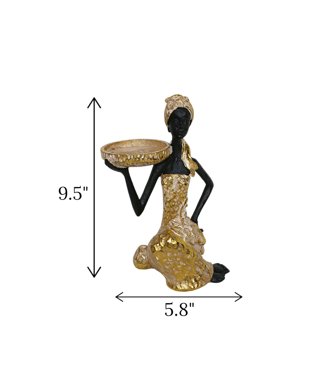 statue african lady holding stand golden large china 9.5x5.8 Price in Pakistan displayed on a bedroom vanity table