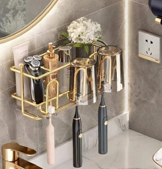 Luxury Wall-Mounted Toothbrush Holder – Self-Adhesive Bathroom Storage Rack – Anti-Dust & Punch-Free Organizer.