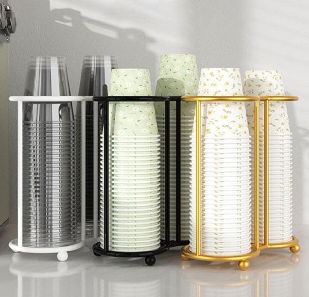 Gold Metal Paper Cup Dispenser Cup Holder standing next to a water dispenser on an office counter in Pakistan