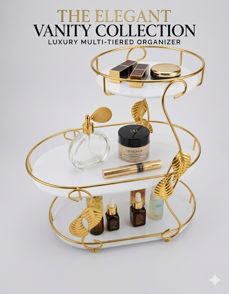 3-Tier Luxury Makeup Organizer Storage Rack with gold metal leaf frame holding cosmetics and perfumes on a vanity table in Pakistan