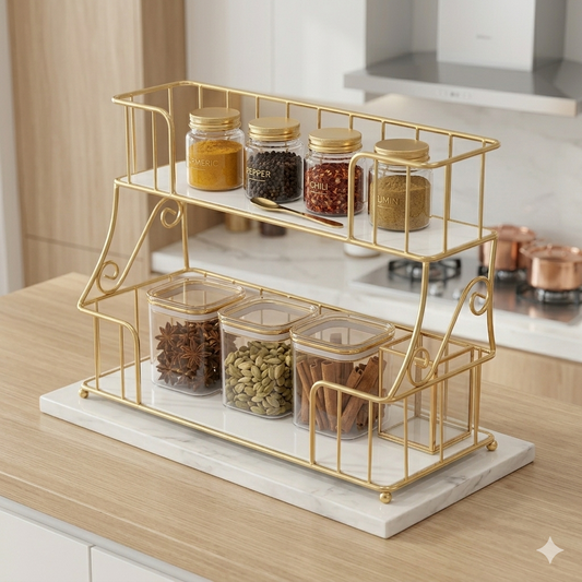 Premium 2-Tier Golden Cosmetic Organizer – Luxury Dressing Table Storage Rack with White Acrylic Base