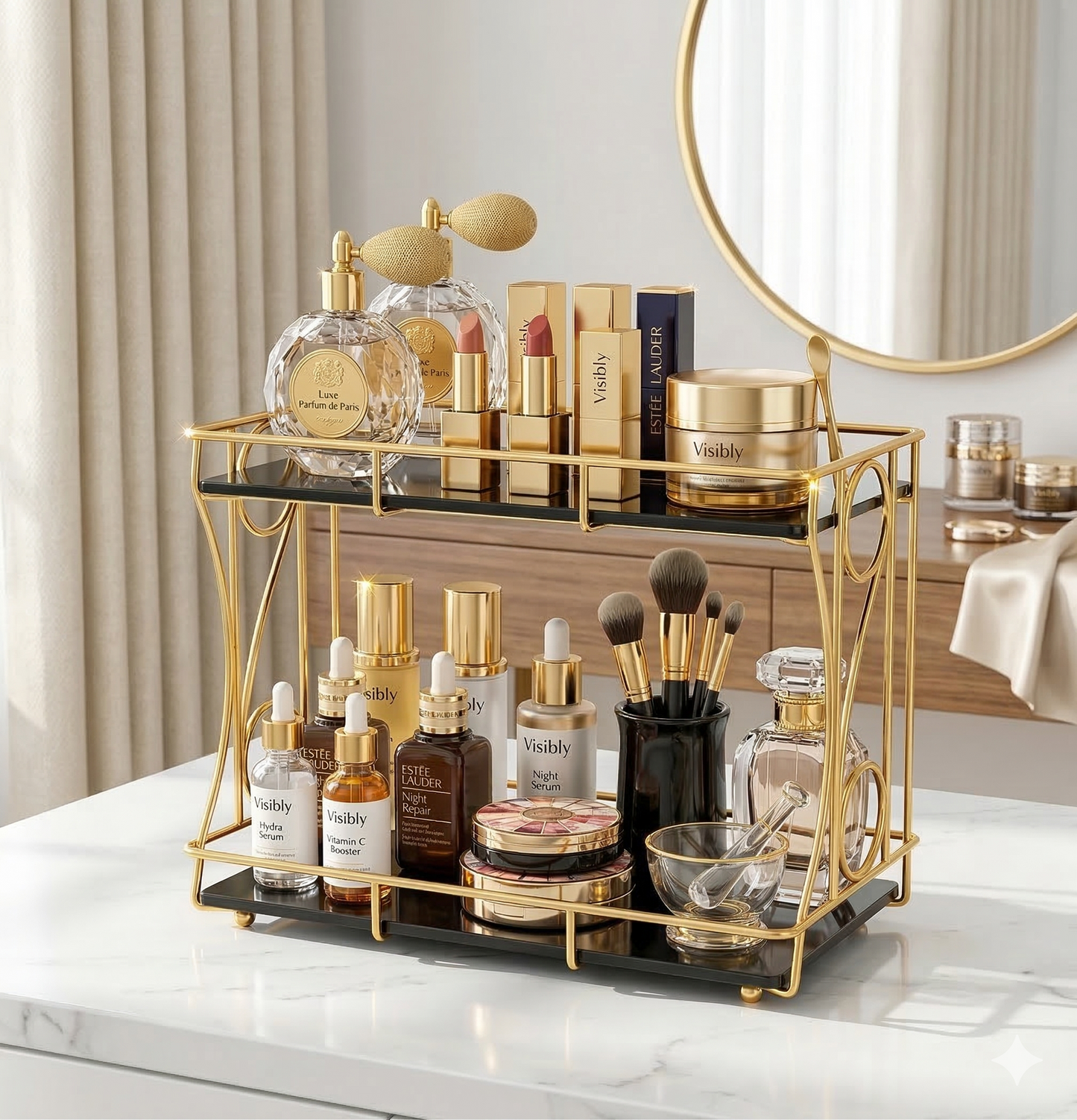 Luxury 2-tier rectangular vanity rack with shiny gold frame, side spiral design, and black marble base for cosmetic storage.
