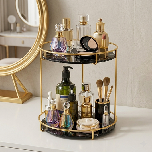 Double-deck jewelry and cosmetic storage tray from Decore Whole Sale with multiple compartments for organizing jewelry and cosmetics.