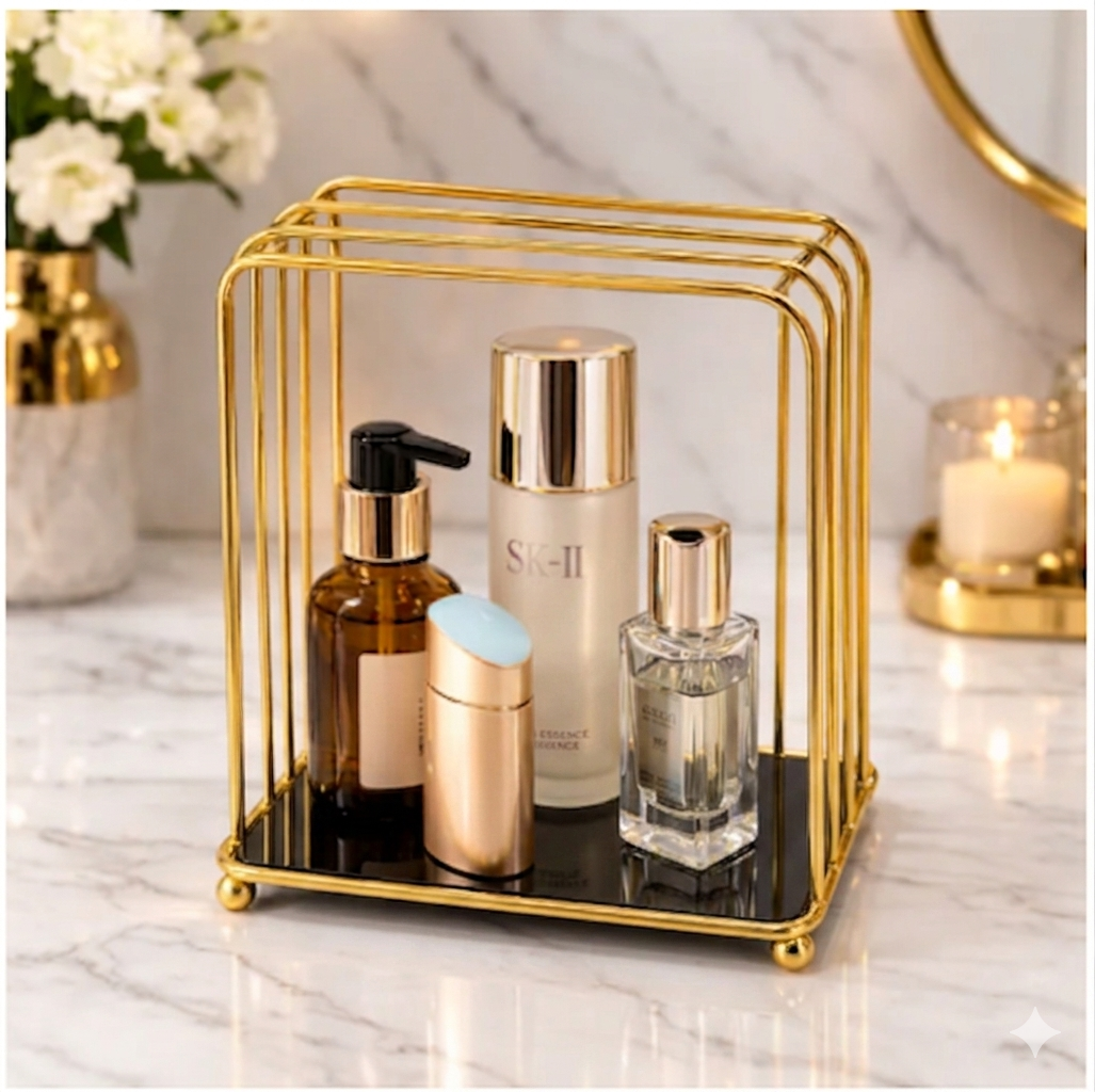 Black metal wire Makeup Organizer Storage Rack holding cosmetics and eyeshadow palettes on a modern dressing table in Pakistan