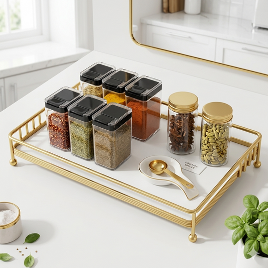 Luxury gold 1-tier metal display rack with mirror tray for cosmetics, perfumes, spices, and bathroom essentials, stylish countertop organizer.