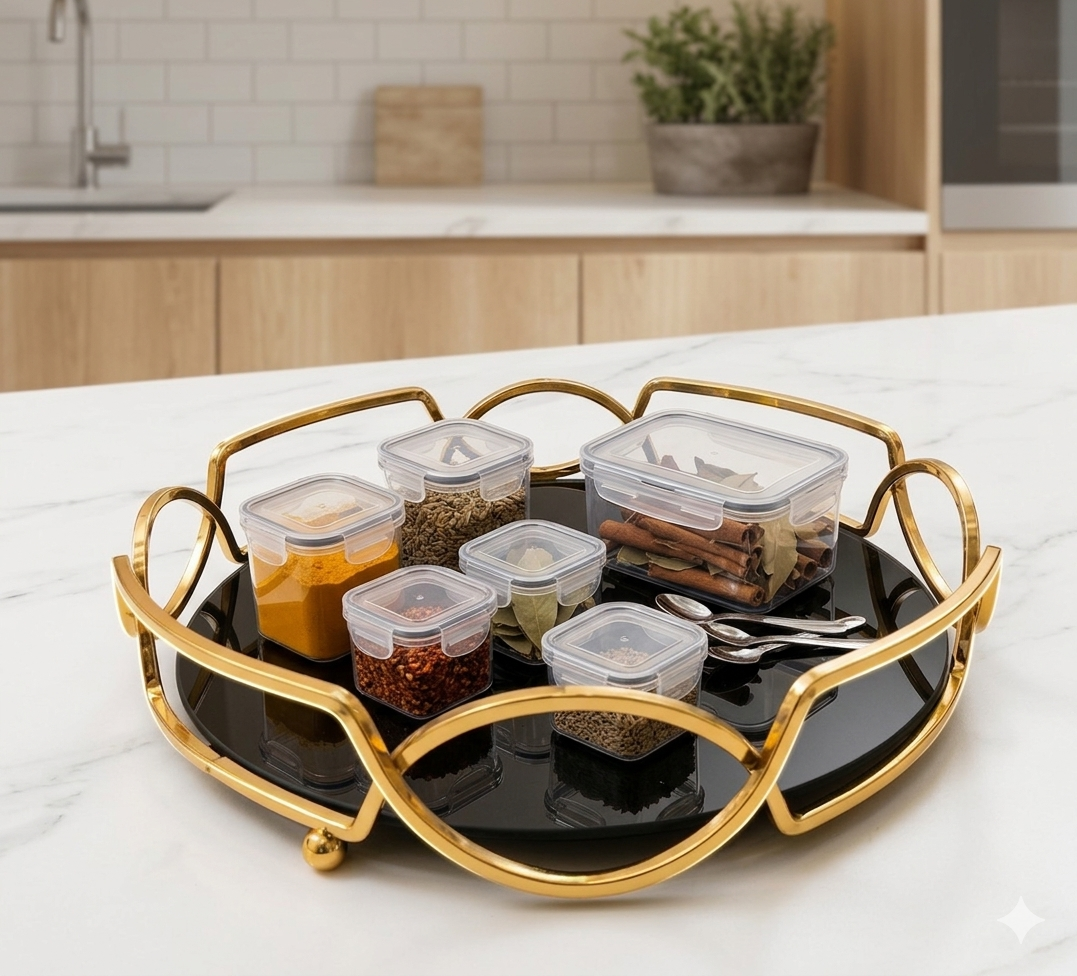 Luxury Round Golden Tray - Elegant Cosmetic & Jewelry Organize