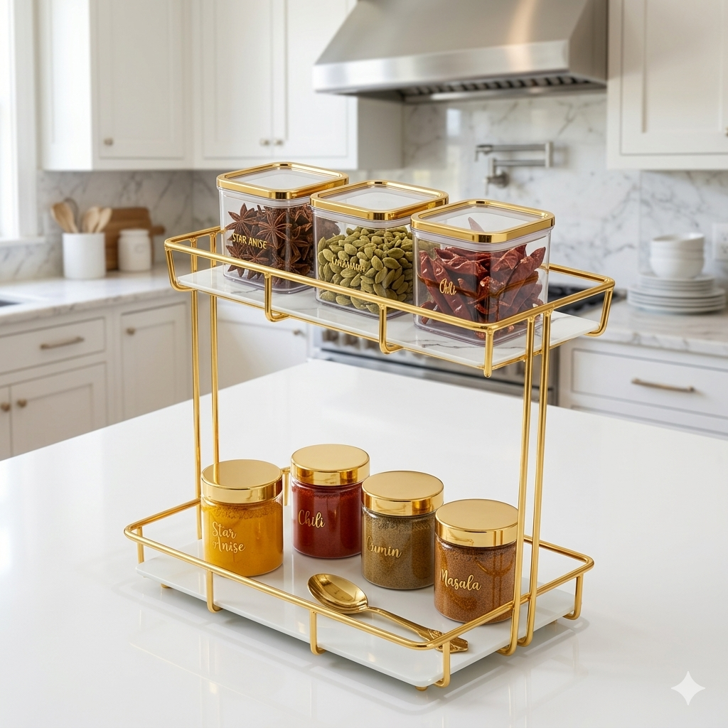 Luxury 2-Tier Gold Mesh Organizer Rack – Premium Cosmetic & Kitchen Countertop Display Stand (Black & White Acrylic Base)