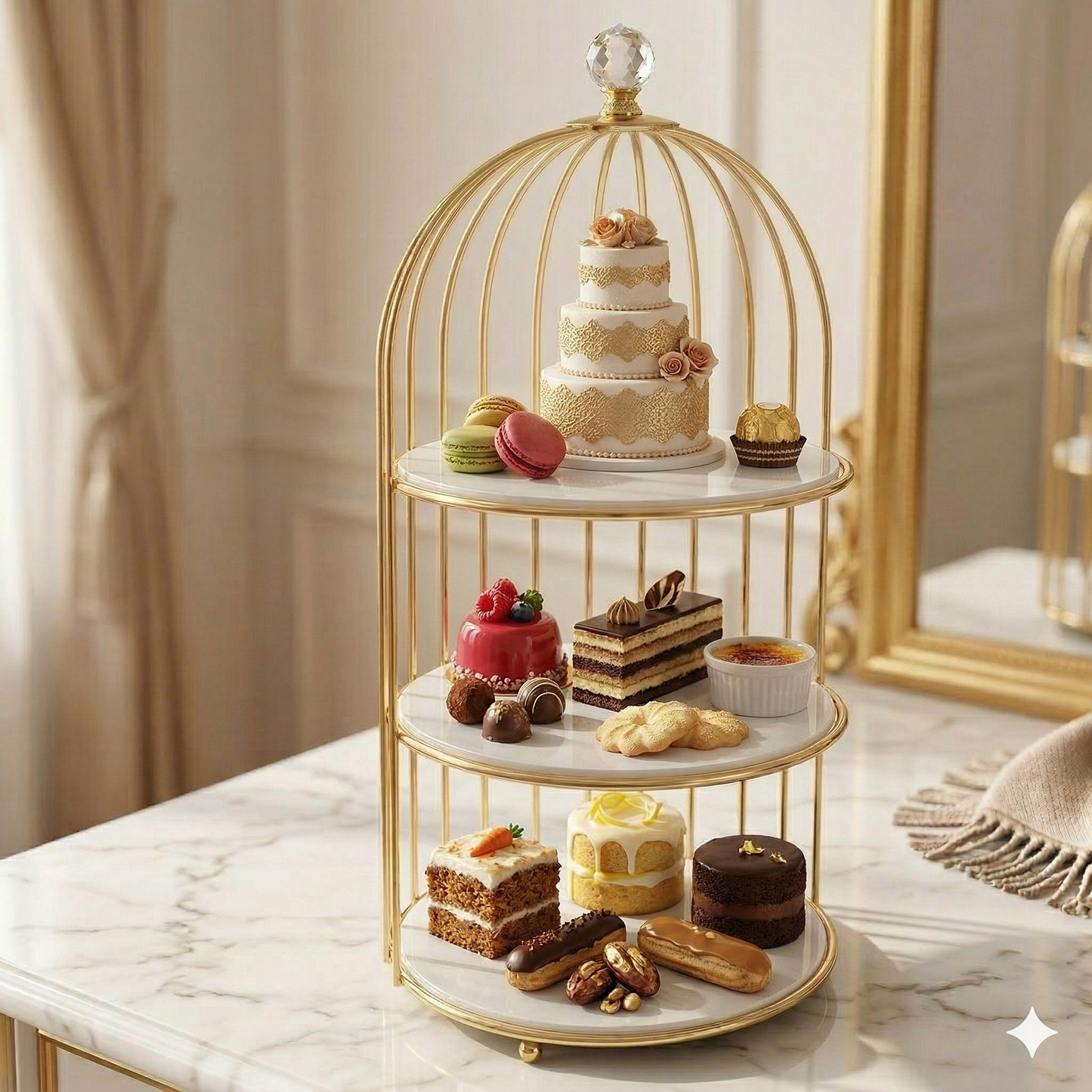 2tier Luxury Golden Birdcage Cosmetic Organizer – Premium Metal Makeup & Perfume Display Stand with White Marble Acrylic Base