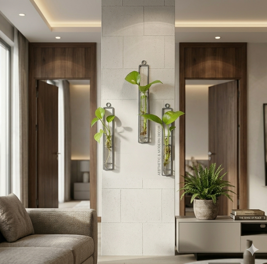 Minimalist glass propagation station
Trio test tube wall vase
Foyer wall plant symmetry
Nordic style iron craftsmanship
Water culture plant holders set
Aesthetic lounge styling accessories
Floating glass triplet bud vases
Formal lounge feature wall art
Contemporary home decor accents
Detachable clear glass bottle containe