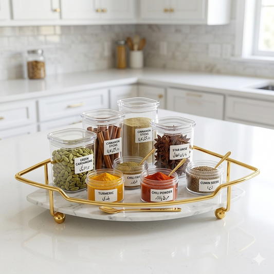 Golden metal arch spice rack organizer for kitchen countertop and luxury home storage.