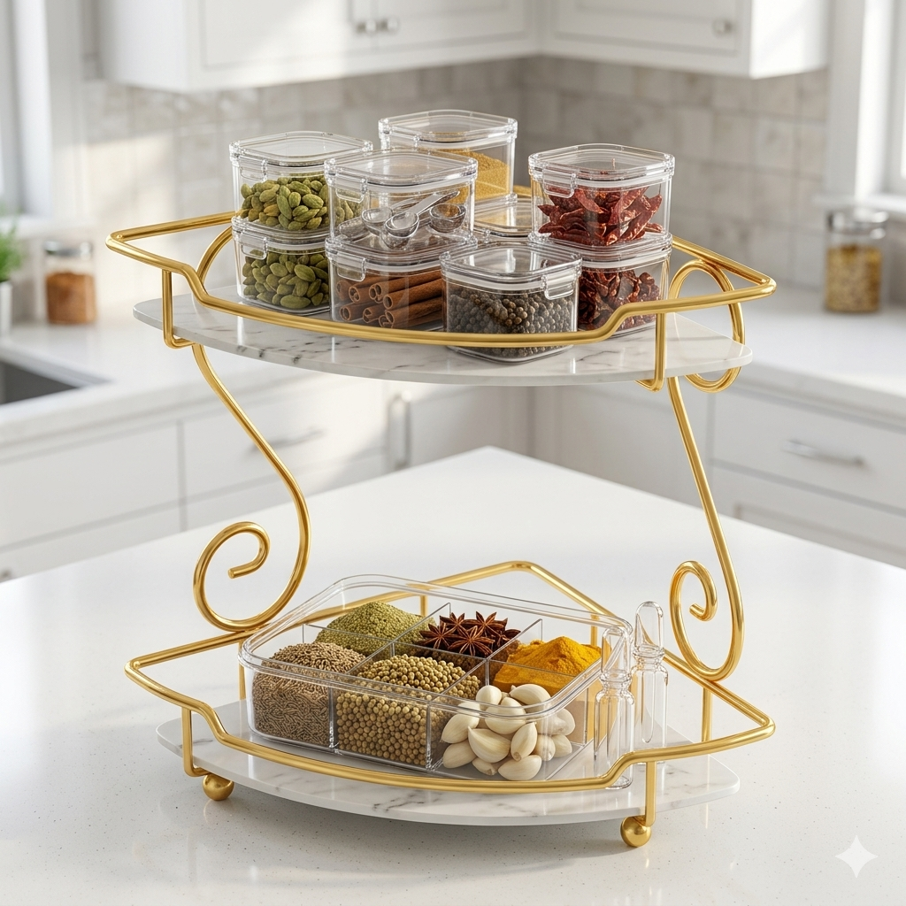 Golden metal arch spice rack organizer for kitchen countertop and luxury home storage.