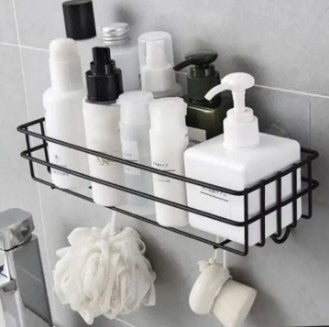 Black and gold self-adhesive metal bathroom and kitchen organizer rack with hanging hooks for cosmetic storage.