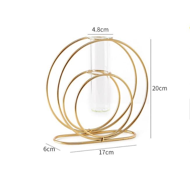 Circular gold vase, geometric plant holder, hydroponic flower vase, double circle metal frame, glass tube decor, modern home accessories, indoor plant stand, gold plated decoration, tabletop vase, luxury home decor, minimalist plant holder, round metal stand, glass test tube holder, office desk accessory, stylish flower vase, nordic style decor, home styling plant holder, decorative gold vase, propagation station, elegant flower stand.