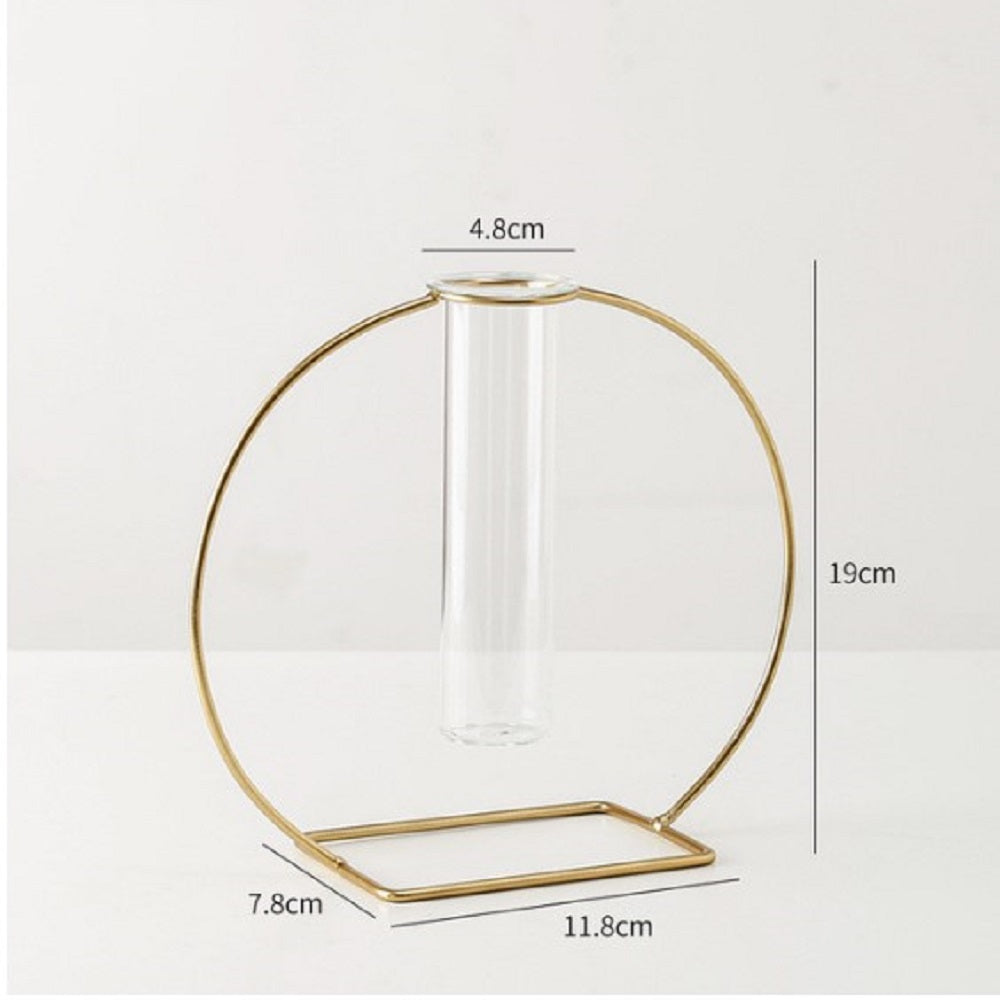 Geometric gold circle vase with glass plant holder dimensions and size guide - Decore Wholesale