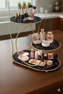 3-Tier Golden Cosmetic Organizer – Premium Vanity Stand with Black Acrylic Base for Perfumes & Makeup Display