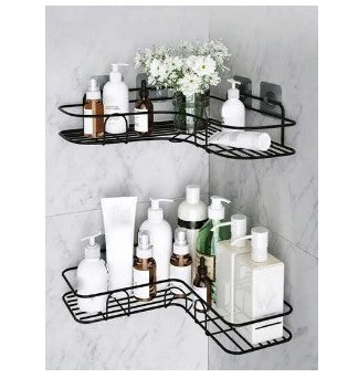 Black metal corner wall mounted storage rack for bathroom or kitchen, L-shaped heavy-duty organizer shelf.