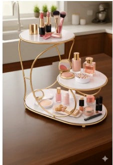 3-tier golden cosmetic organizer with black acrylic base, perfect for displaying perfumes and makeup on vanity or countertop.