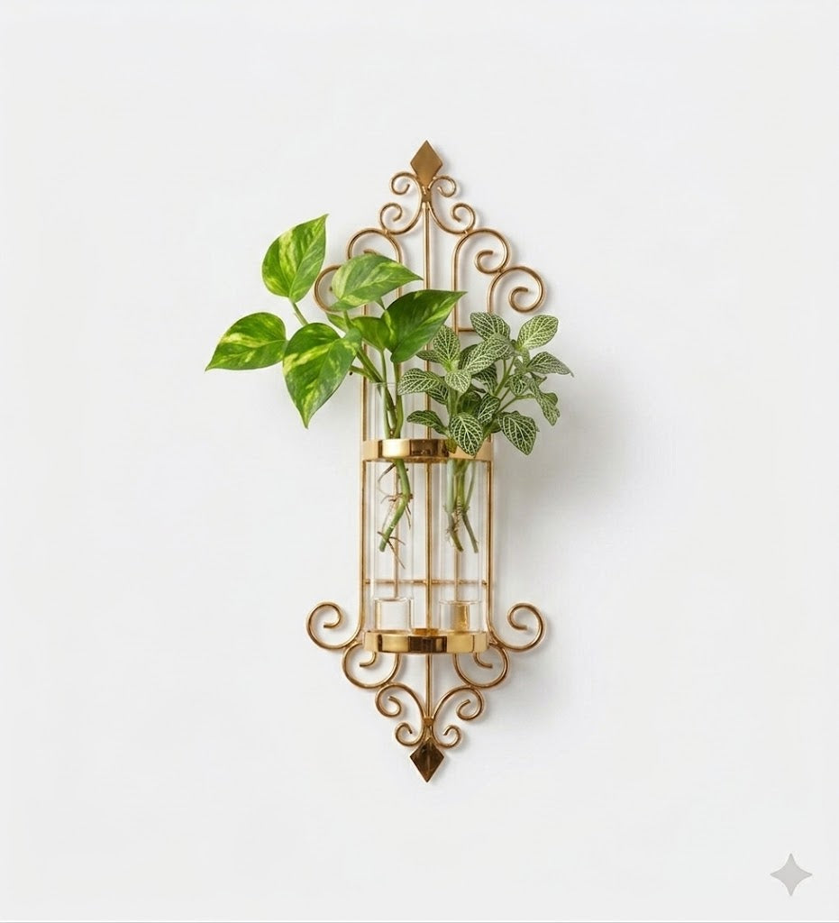 Set of 2 premium golden metal wall sconces with glass tube and green money plant - Luxury wall decor Pakistan