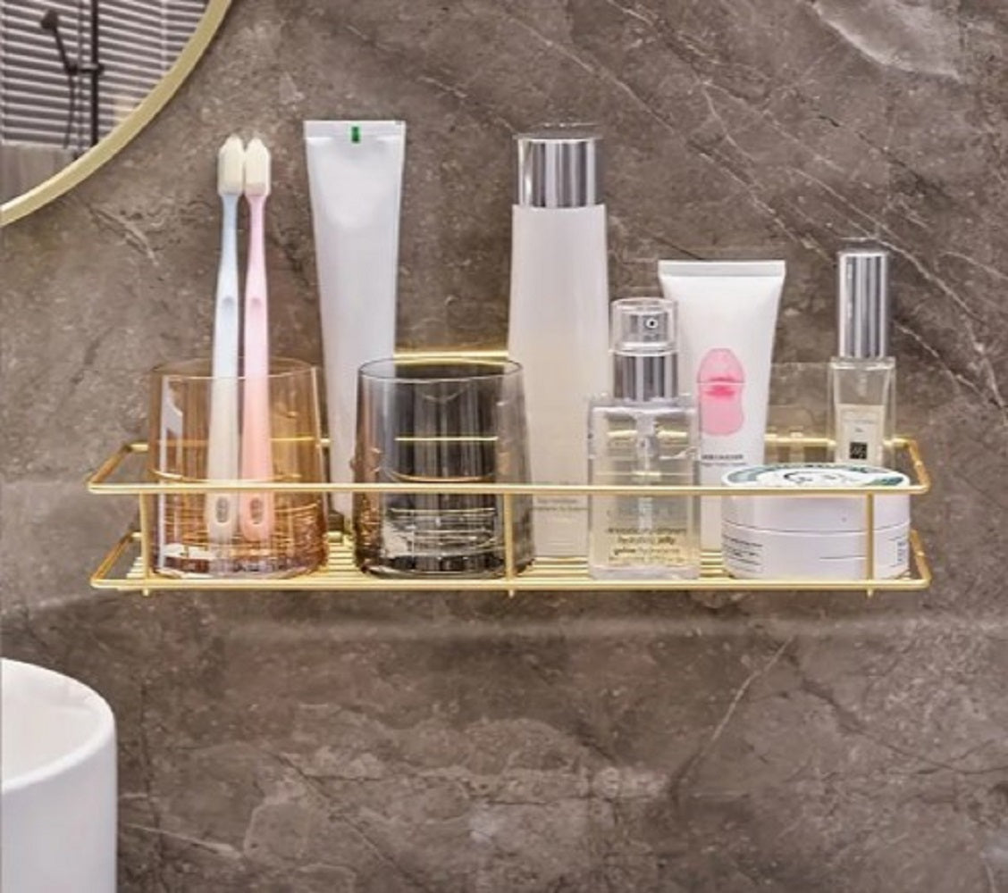 Golden Wall Bathroom Rack Cosmetic Organizer, Gold Makeup Stand, Luxury Vanity Rack, Skincare Storage, Geometric Makeup Shelf, Dropshipping Pakistan, Dressing Table Decor.