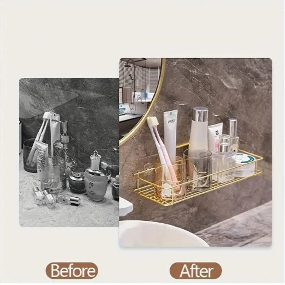 Golden Wall Bathroom Rack Cosmetic Organizer, Gold Makeup Stand, Luxury Vanity Rack, Skincare Storage, Geometric Makeup Shelf, Dropshipping Pakistan, Dressing Table Decor.