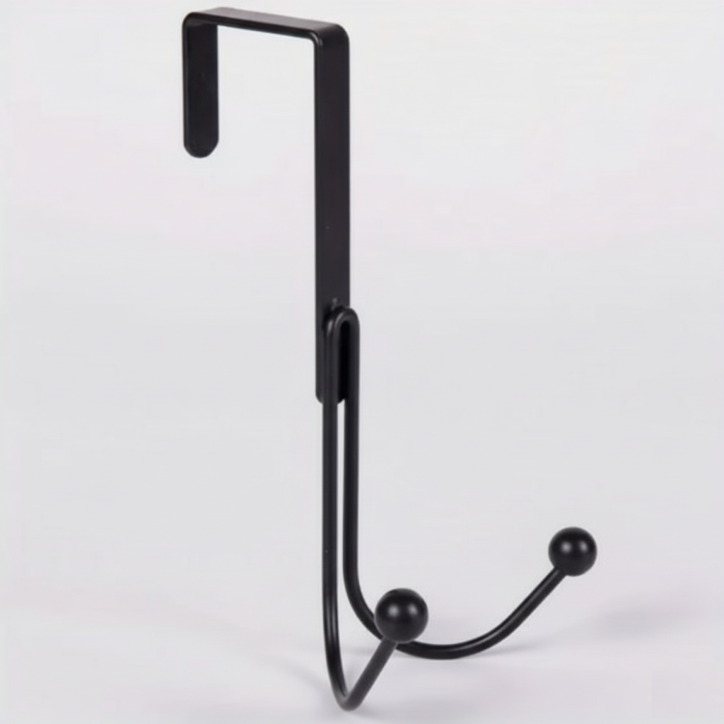 Sleek Metal Over the Door Hook Metal Double Head Hanger holding a backpack and a winter coat behind a bedroom door in Pakistan decore whole sale