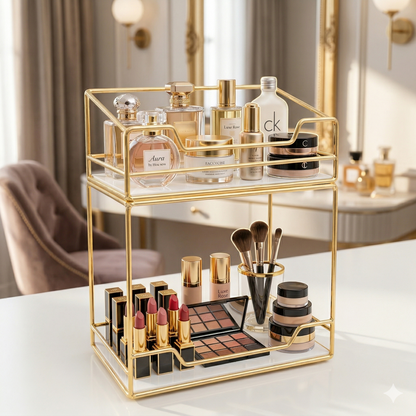 Luxury Gold Organizer Luxury 2-Tier Premium Gold Luxury Organizer with White Acrylic Base, High-End Double-Layer Metal Storage Rack for Cosmetics, Kitchen, and Home Decor.
