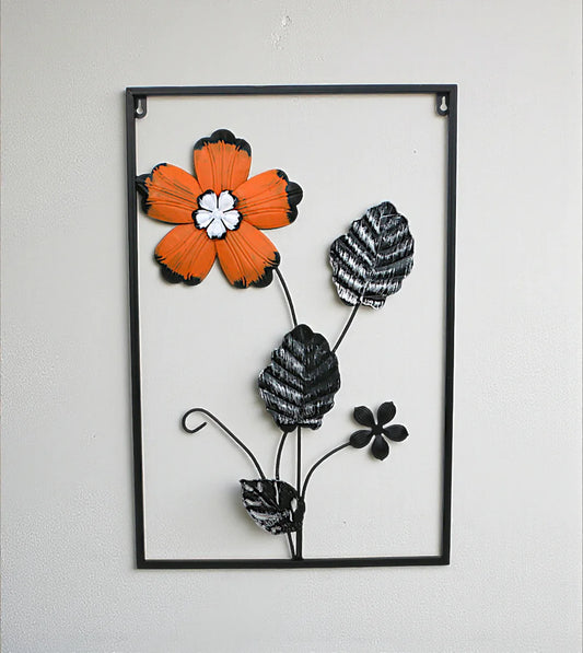 Metal Wall Hanging Floral Rectangle Black with premium leaf and flower art displayed on a drawing room wall in Pakistan