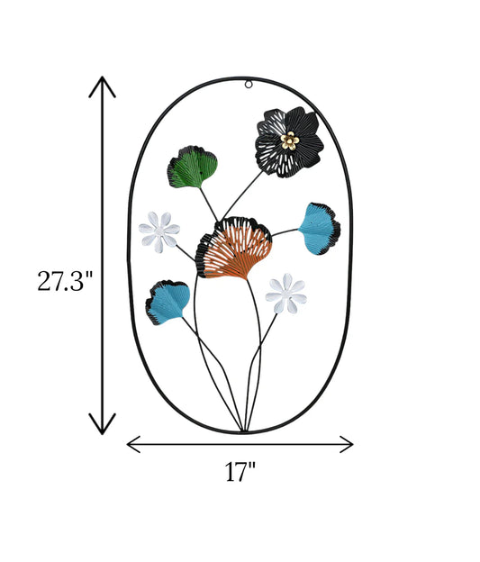 Metal Wall Hanging Floral Rectangle Black with modern oval 4 leaf and flower art displayed on a drawing room wall in Pakistan