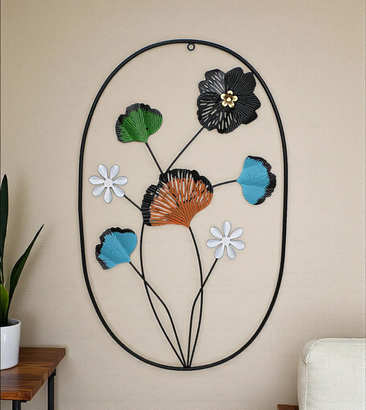Metal Wall Hanging Floral Rectangle Black with modern oval 4 leaf and flower art displayed on a drawing room wall in Pakistan