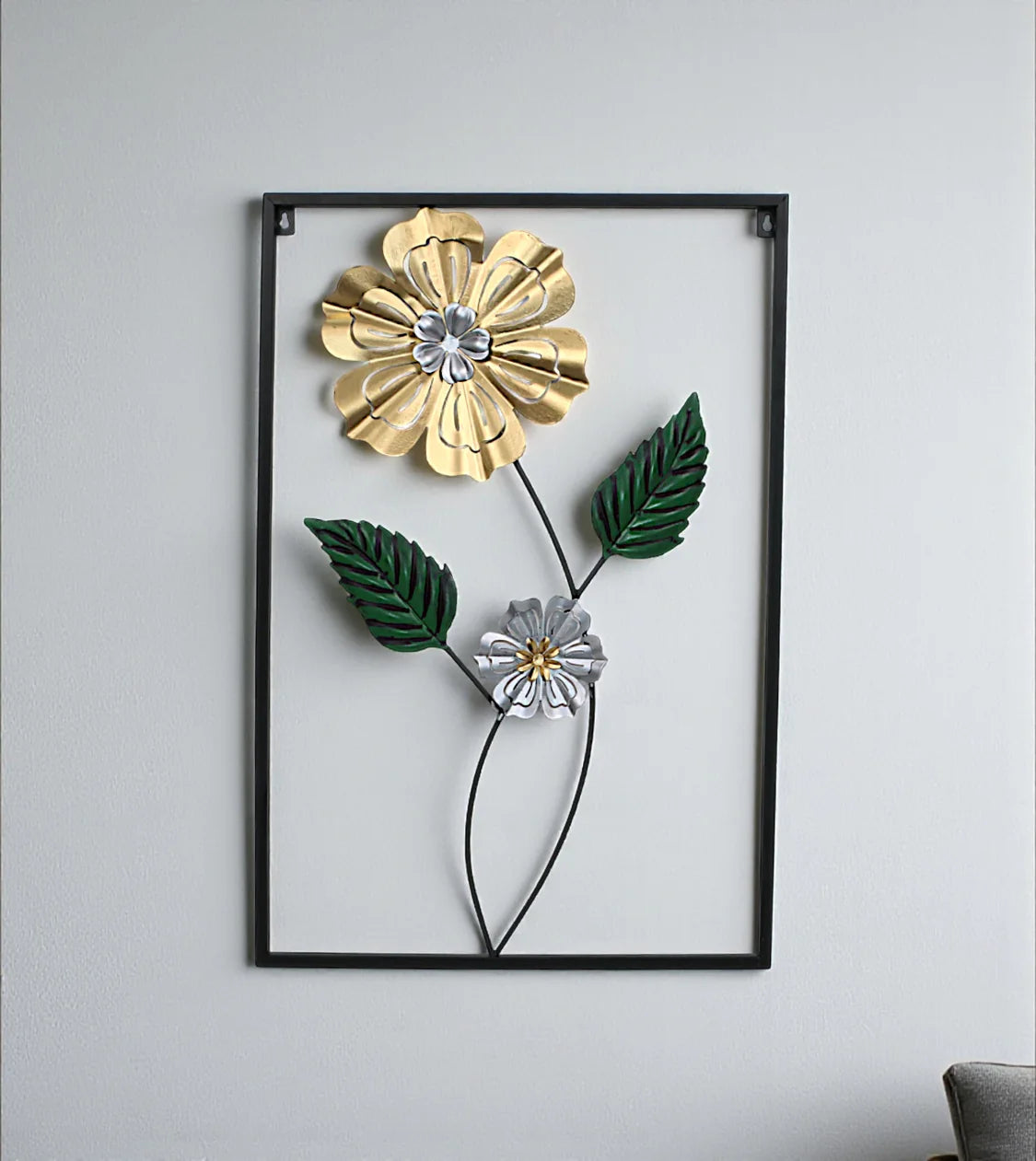 Metal Wall Decor Hanging Rectangle 2 Leaf & Flower imported from China displayed on a living room wall best price in Pakistan