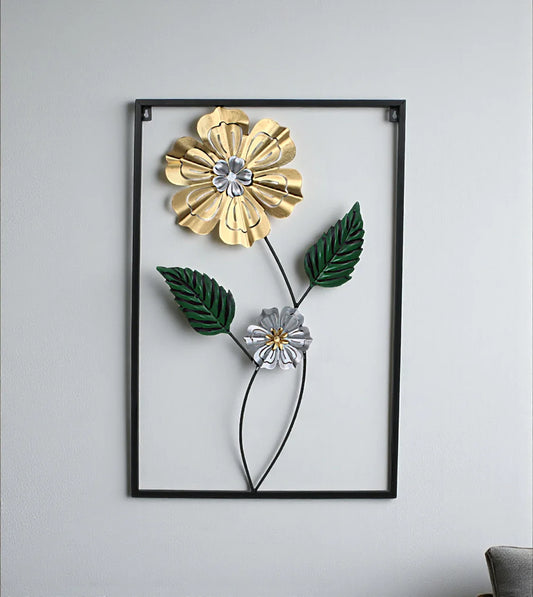 Metal Wall Decor Hanging Rectangle 2 Leaf & Flower imported from China displayed on a living room wall best price in Pakistan