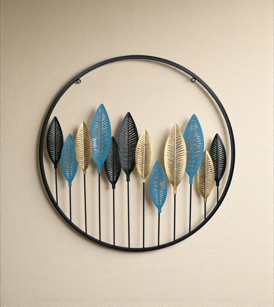 Large Gold Metal Wall Decor Hanging Round Leaves Large imported from China displayed on a luxury drawing room wall in Pakistan