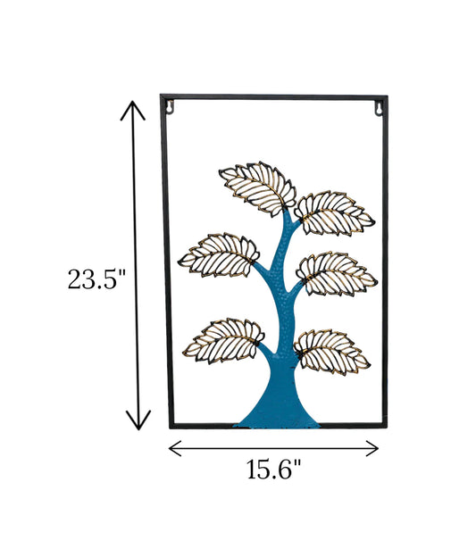 Premium Wall Decore Metal Wall Hanging Floral Rectangle Black with blue tree trunk and gold leaves imported from China on a cream wall in Pakistan
