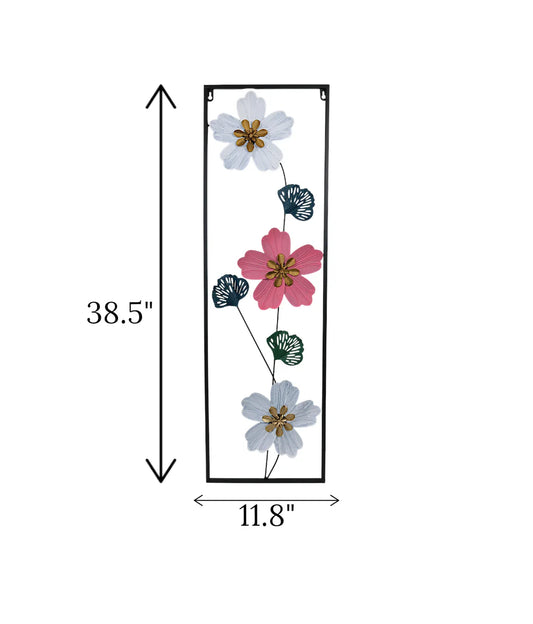 Modern Metal Wall Hanging Floral Rectangle Black imported from China mounted on an off-white living room wall in Pakistan