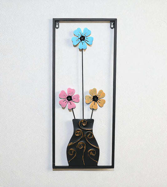Metal Wall Hanging Floral Rectangle Black with luxury gold and silver flowers in Pakistan