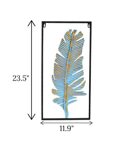 Metal Wall Hanging Floral Rectangle Black with sky blue gold feather art in Pakistan