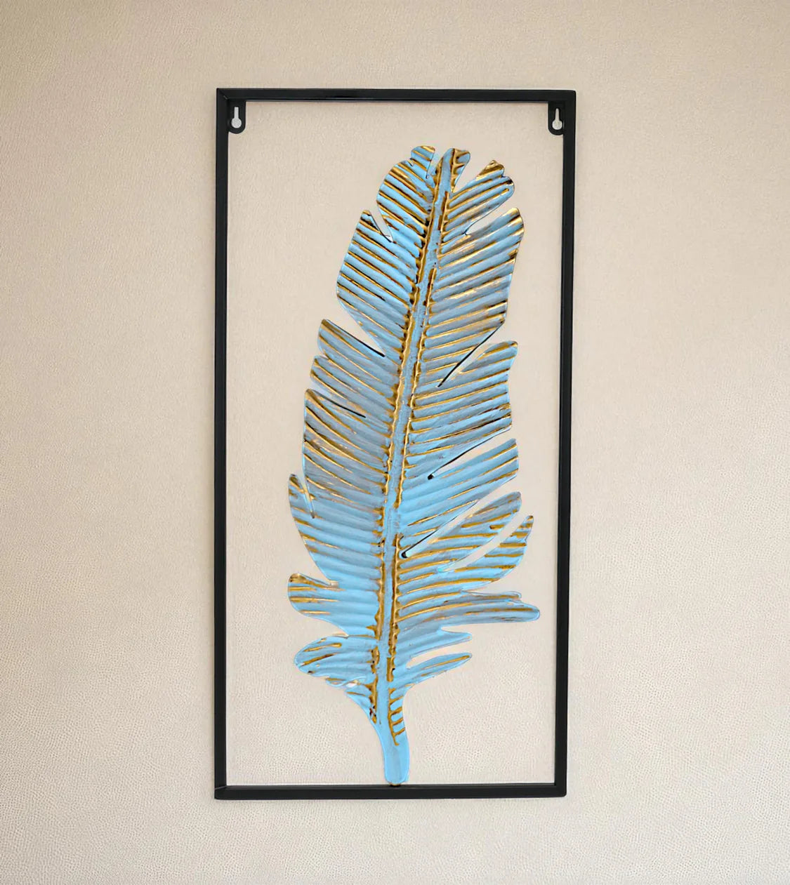 Metal Wall Hanging Floral Rectangle Black with sky blue gold feather art in Pakistan