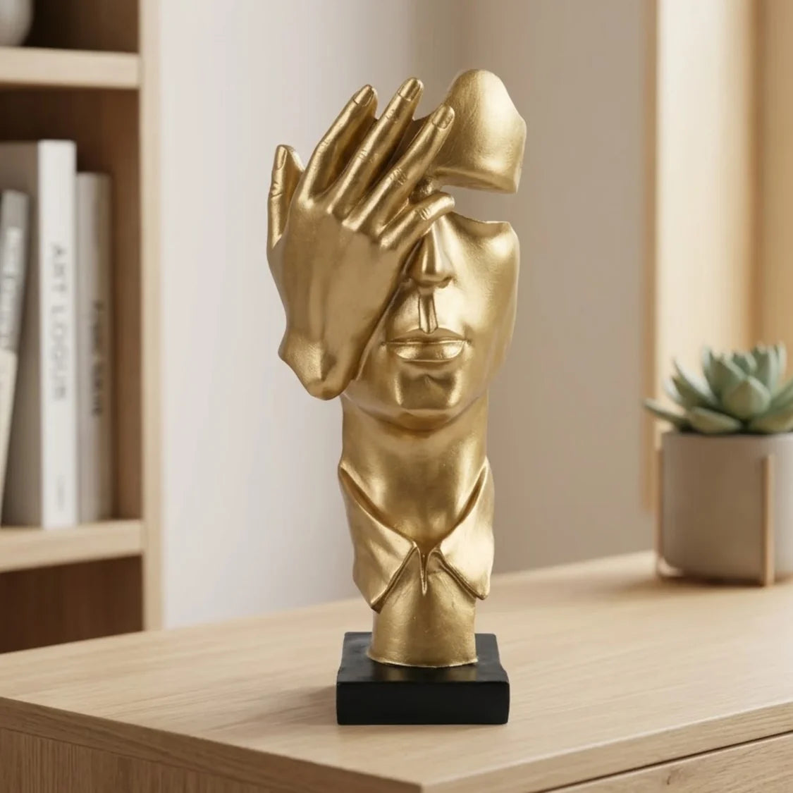 Abstract hand and face sculpture resin

Full metallic gold finish facial figurine

Bright reflective golden home decor accents

Minimalist luxury corporate room decor

Textured resin single hand on cheek ornament

Table decor statue horse white 7.5"x6" china

High-end fireplace mantel display items

Executive workspace styling props

Luxury lifestyle tabletop figurines

Modern style gold face decorative bust