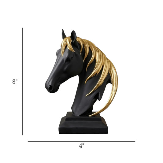Abstract equestrian sculpture resin

Metallic gold accented animal figurine

Dark matte black home decor accents

Minimalist luxury office room decor

Textured resin proud stallion ornament

Table decor statue horse white 7.5"x6" china

High-end fireplace mantel display items

Executive workspace styling props

Luxury lifestyle tabletop figurines

High quality black golden horse bust showpiece china

Unique single horse head figurine table decor pakistan

Imported black stallion bust with gold harness

Prem