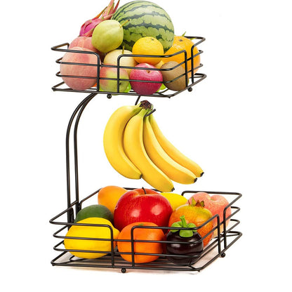 2-Tier Square Fruit Basket Black Metal Produce Stand holding fresh fruits on a modern kitchen countertop in Pakistan decore wholesale