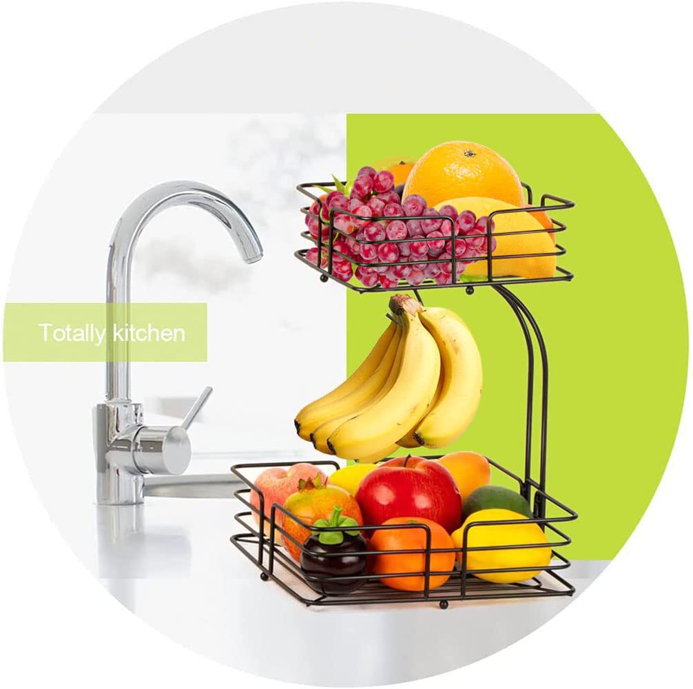 2-Tier Square Fruit Basket Black Metal Produce Stand holding fresh fruits on a modern kitchen countertop in Pakistan decore wholesale