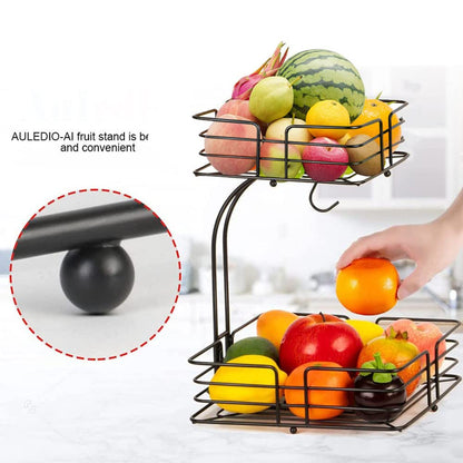 2-Tier Square Fruit Basket Black Metal Produce Stand holding fresh fruits on a modern kitchen countertop in Pakistan decore wholesale
