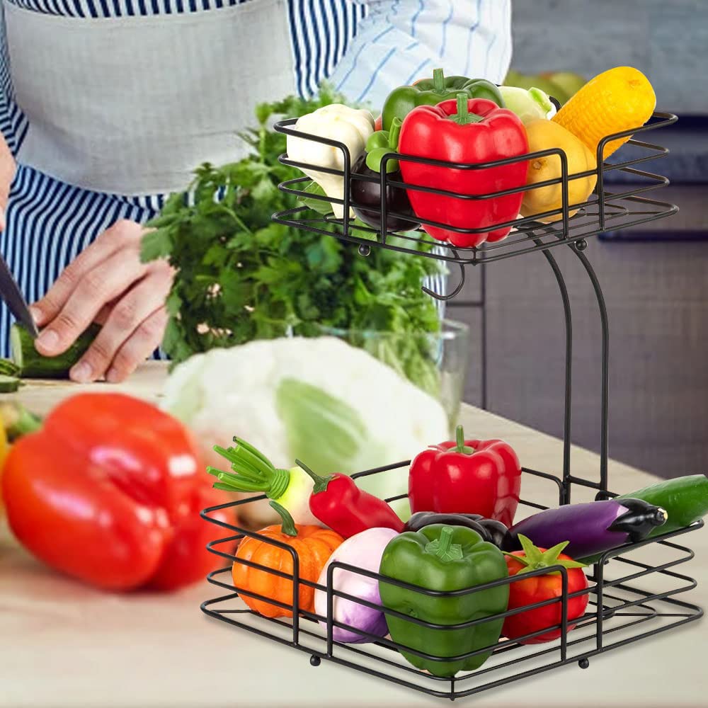 2-Tier Square Fruit Basket Black Metal Produce Stand holding fresh fruits on a modern kitchen countertop in Pakistan decore wholesale