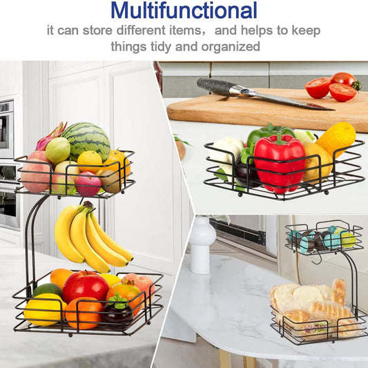 2-Tier Square Fruit Basket Black Metal Produce Stand holding fresh fruits on a modern kitchen countertop in Pakistan decore wholesale