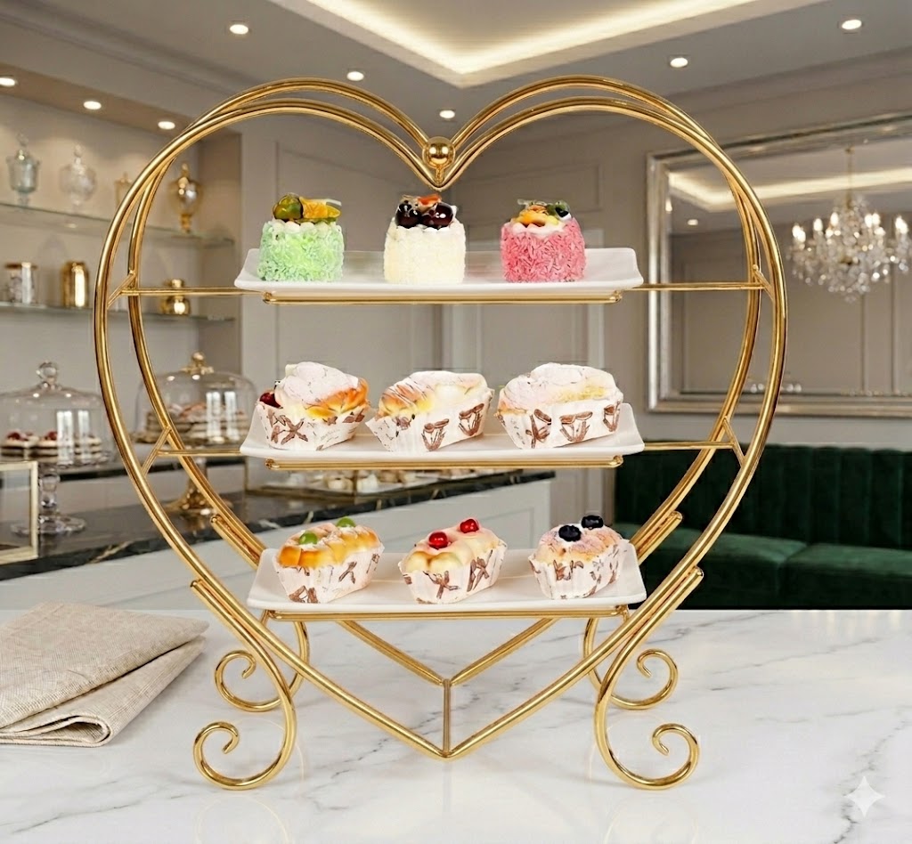 Heart-Shaped Serving StandLuxury 3-tier heart-shaped golden metal serving stand with white ceramic plates - Elegant cupcake and fruit display rack for events and home parties Pakistan