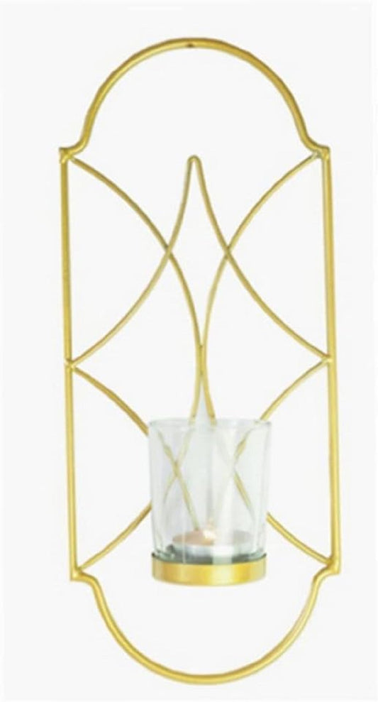 Gold wall sconce, geometric candle holder, metal hanging candle stand, glass cup tealight burner, luxury wall decor pakistan, golden iron hanging rack, modern living room wall accent, elegant bedroom ambiance light, festive event backdrop decor, minimalist metallic wall art, entryway decorative light holder, premium home styling accessory, sturdy metal wire sconce, floating candle pedestal, boutique hotel wall styling, chic candle display shelf, tlight glass container stand, cozy dinner setting light, sophi