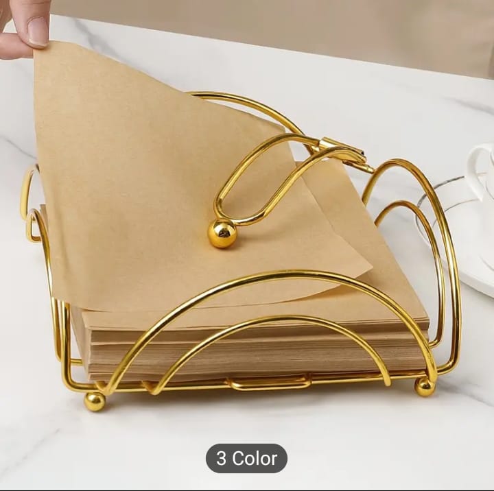 Gold tissue holder, metal napkin dispenser, weighted arm tissue rack, tabletop napkin tray, luxury dining table accessories, golden tissue dispenser box, elegant kitchen counter organizer, restaurant table napkin stand, luxury wedding catering decor, modern guest room tissue holder, shiny gold flat napkin tray, wire frame tissue cradle, indoor outdoor party napkins stand, boutique hotel tableware, fancy tissue paper dispenser, desktop stationery sorting tray, premium metal iron napkin basket, decorative gol
