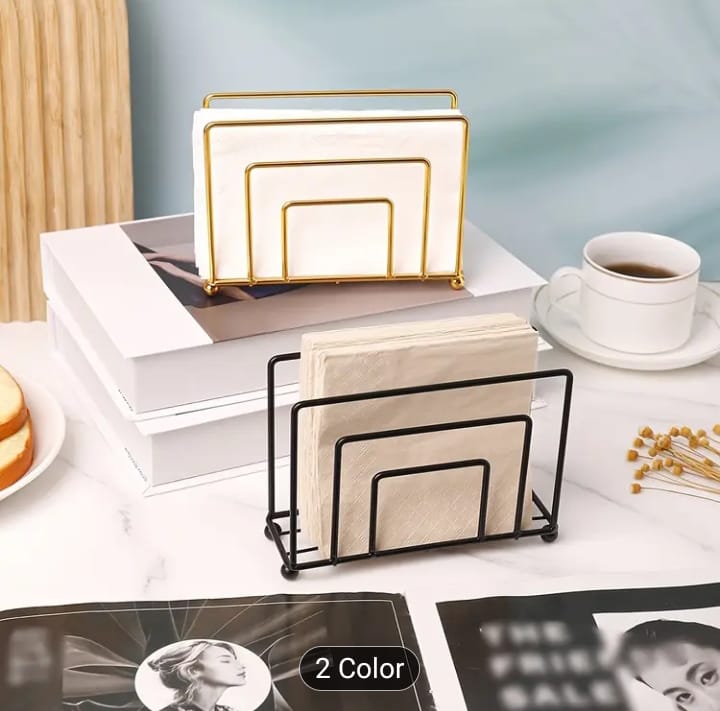 Gold tissue stand, black napkin holder, vertical metal tissue rack, geometric square napkin dispenser, luxury dining table storage, modern kitchen counter organizer, cafe tabletop tissue server, minimalist wire frame napkin cradle, premium restaurant table utilities, wedding catering decorative napkin holder, sleek black iron tissue holder, shiny gold paper napkin rack, upright desk tissue stand, fancy home tea station styling, durable metal wire tableware, luxury dinner party accessories, contemporary tiss