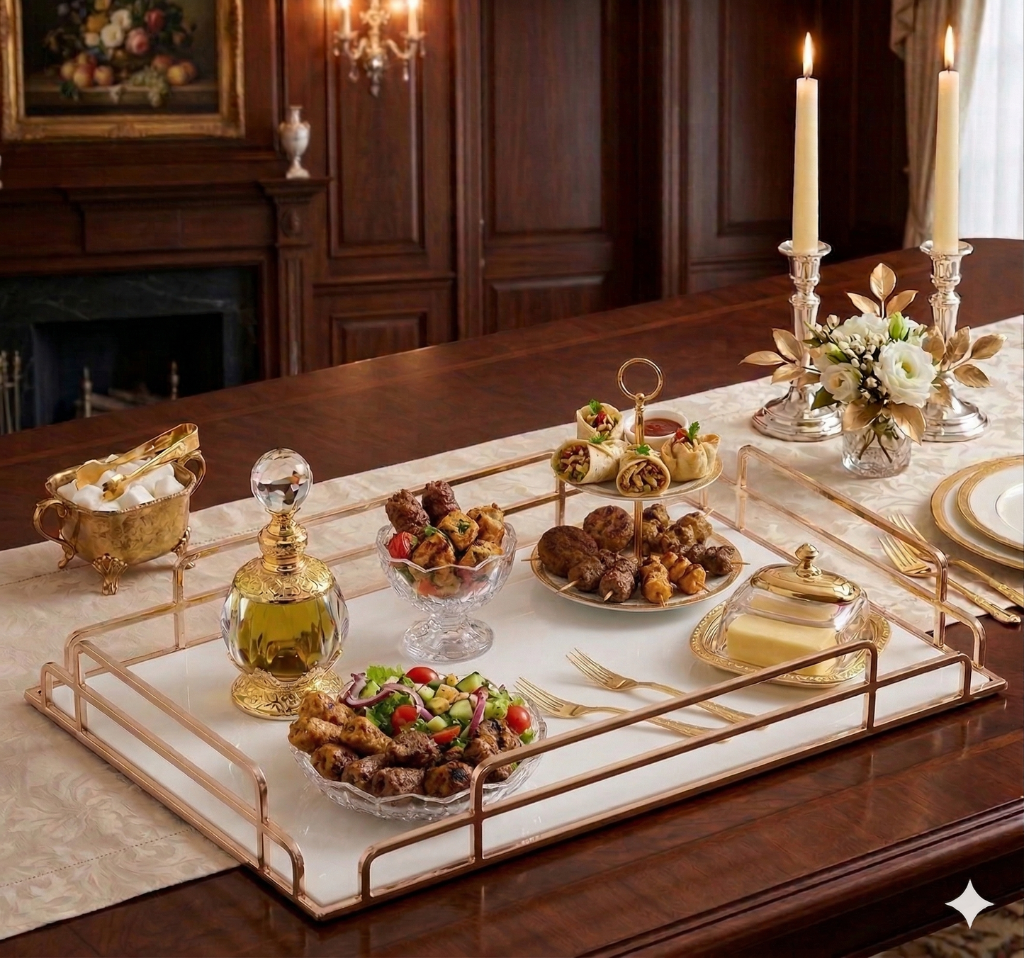 Luxury Dining Table Accessories Premium Golden Finish Serving Tray with White Acrylic Base, Luxury Modern Dining Table Platter for Guests and Events