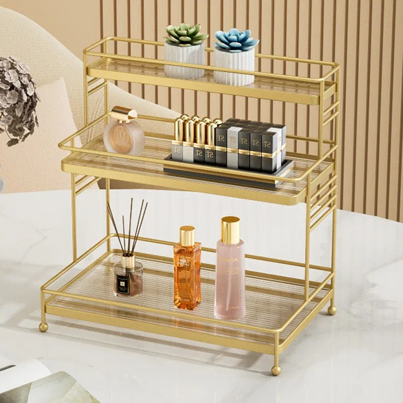 Luxury 3-Tier Gold Display Rack Multipurpose Metal Organizer for Dessert, Makeup Stand Cosmetic Storage Rack Perfume & Cosmetics